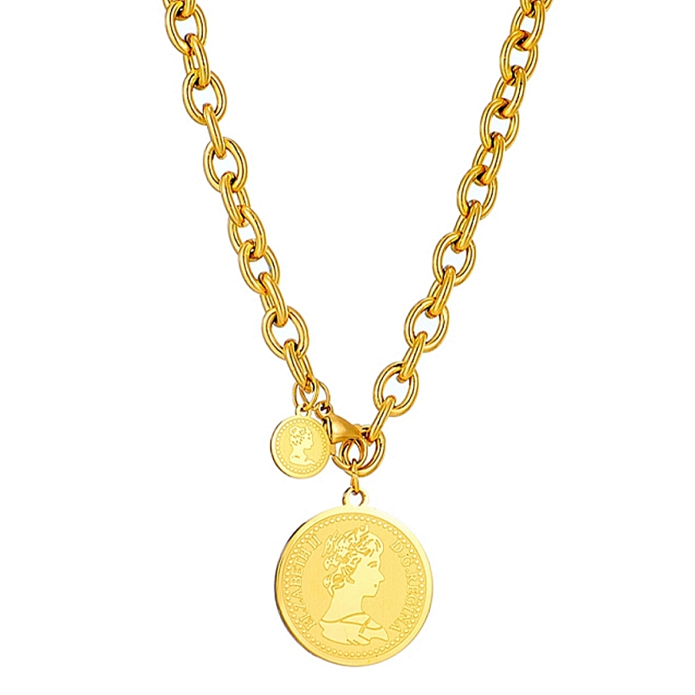 Queen Elizabeth Coin Gold Plated Chain Link Necklace Matching Bracelet Set - Picture 5 of 11